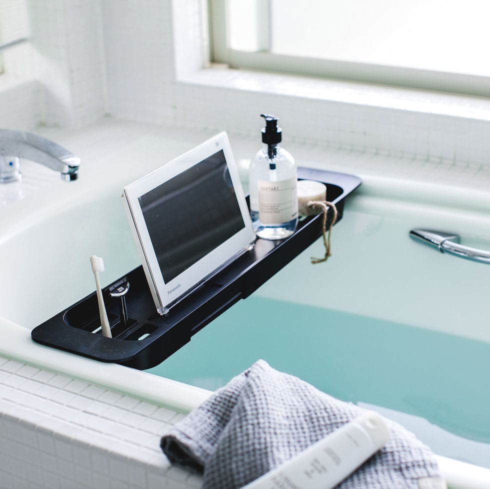 Expandable Bamboo Bath Caddy Book iPhone Wineglass Holder Over Bathtub Rack