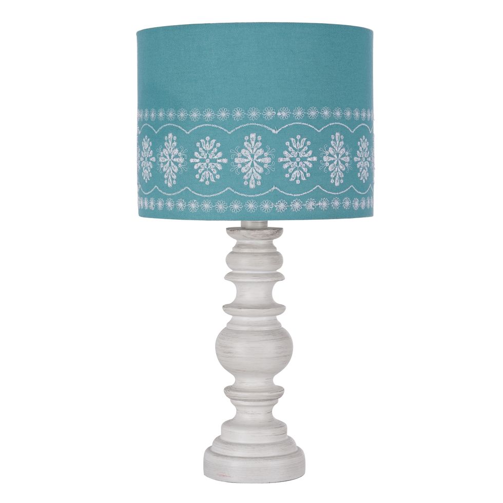 The Pioneer Woman Turned Table Lamp with Blue Eyelet Linen Shade