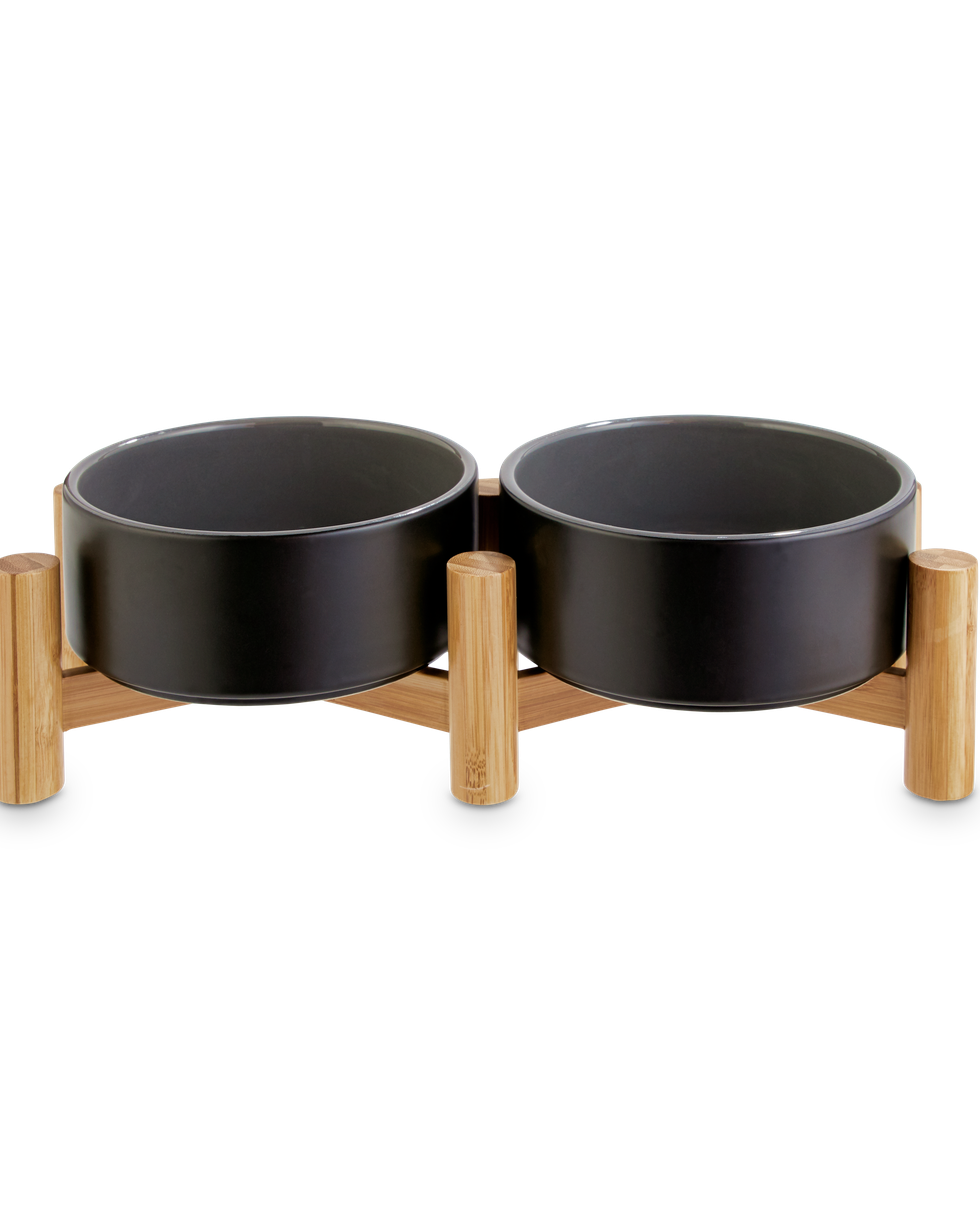 Reddy Black Ceramic & Bamboo Elevated Double Diner Pet Bowl