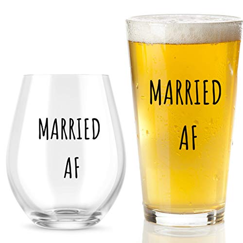 Married AF Wine Glass And Beer Glass Gift Set 