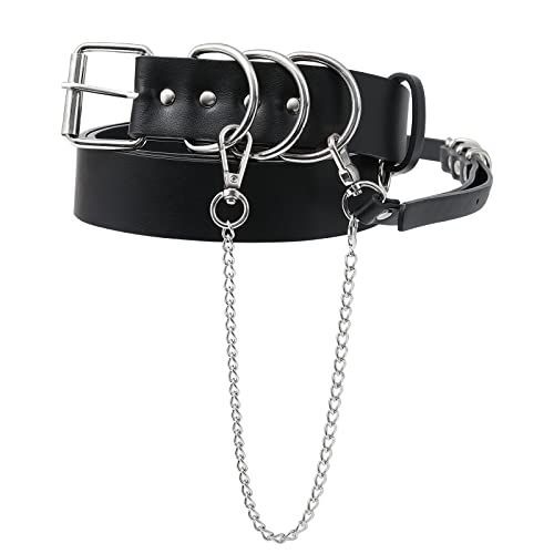 AWAYTR Women leather Punk Waist Belt - Black PU Leather Body Adjustable Ladies Belts with Metal Buckle for girls (Silver Buckle)