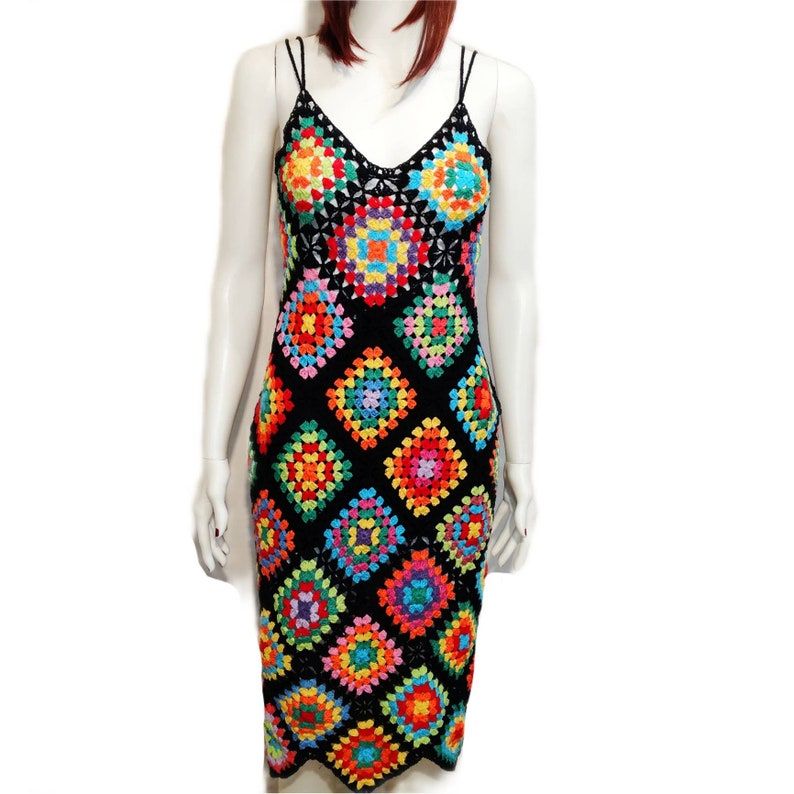 Granny Square Afghan Cotton multicolor Dress, Plus size Crochet, Colorful dress, Swimmwear Crochet, cotton dress