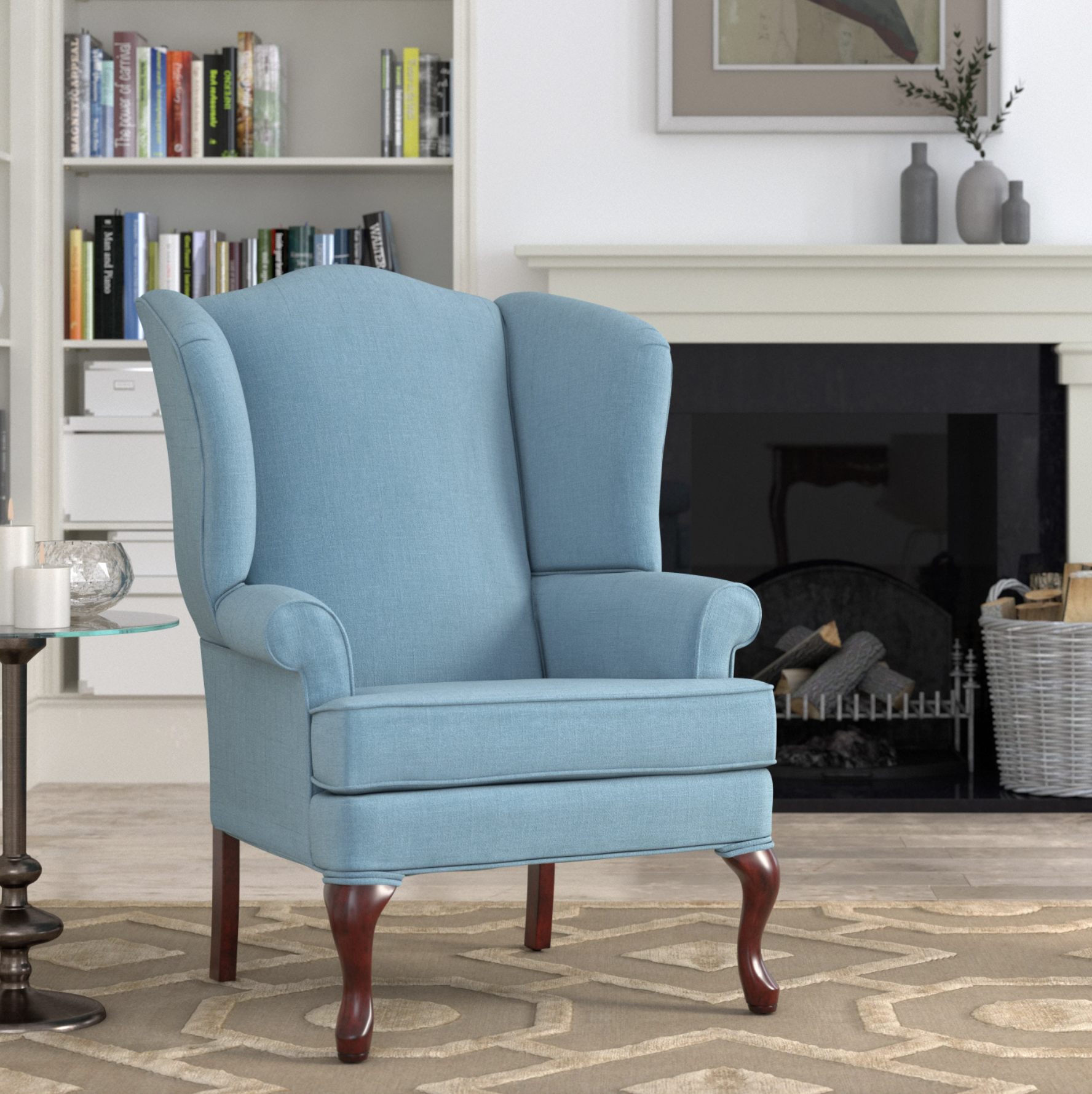 blue wingback chair with ottoman