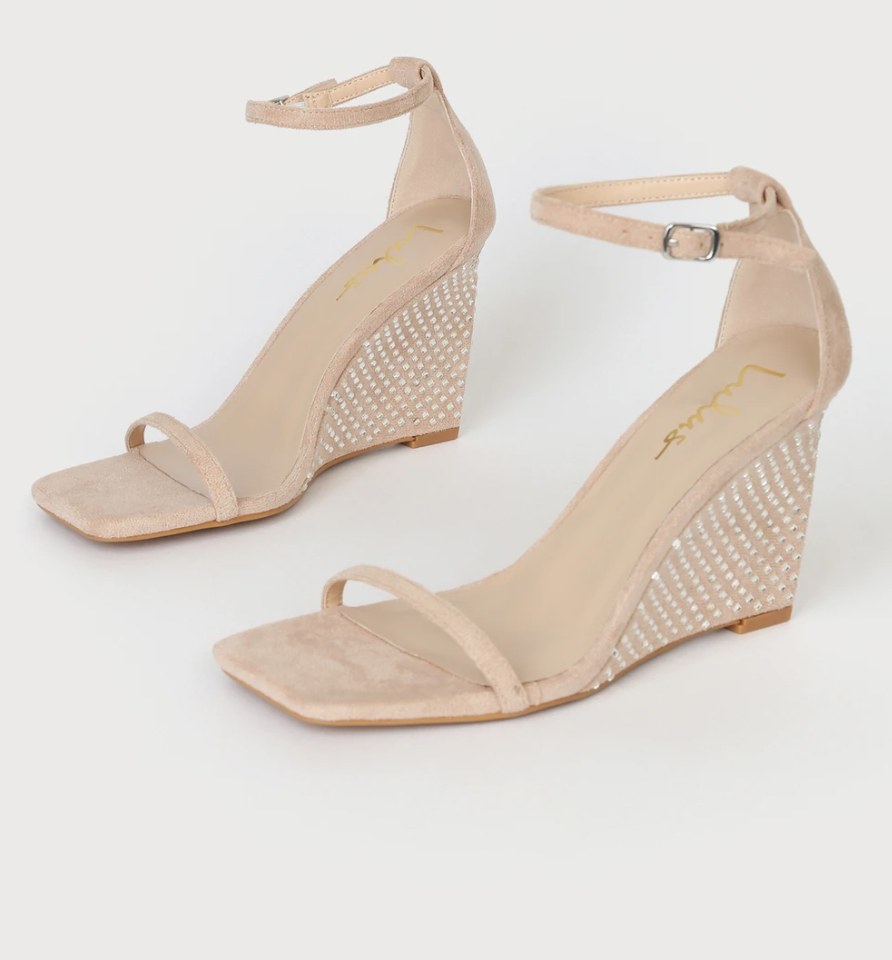 Beige Suede Rhinestone Wedge Sandals