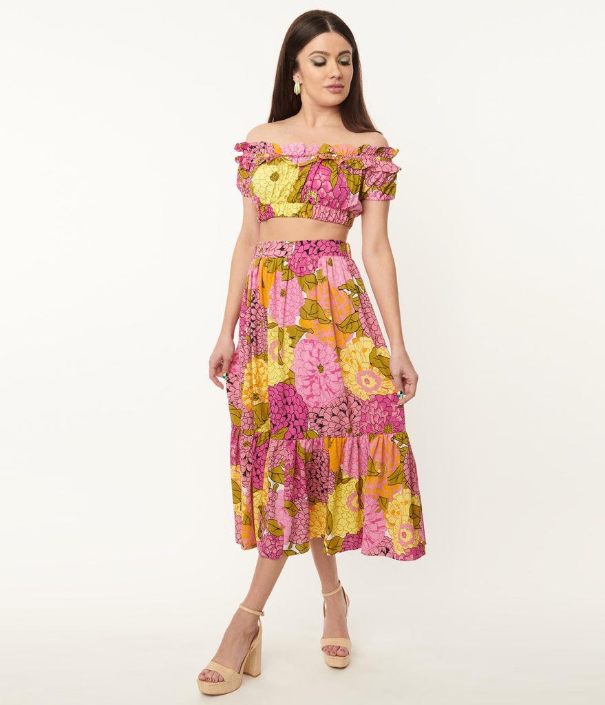 Pink & Yellow Floral Print Midi Skirt