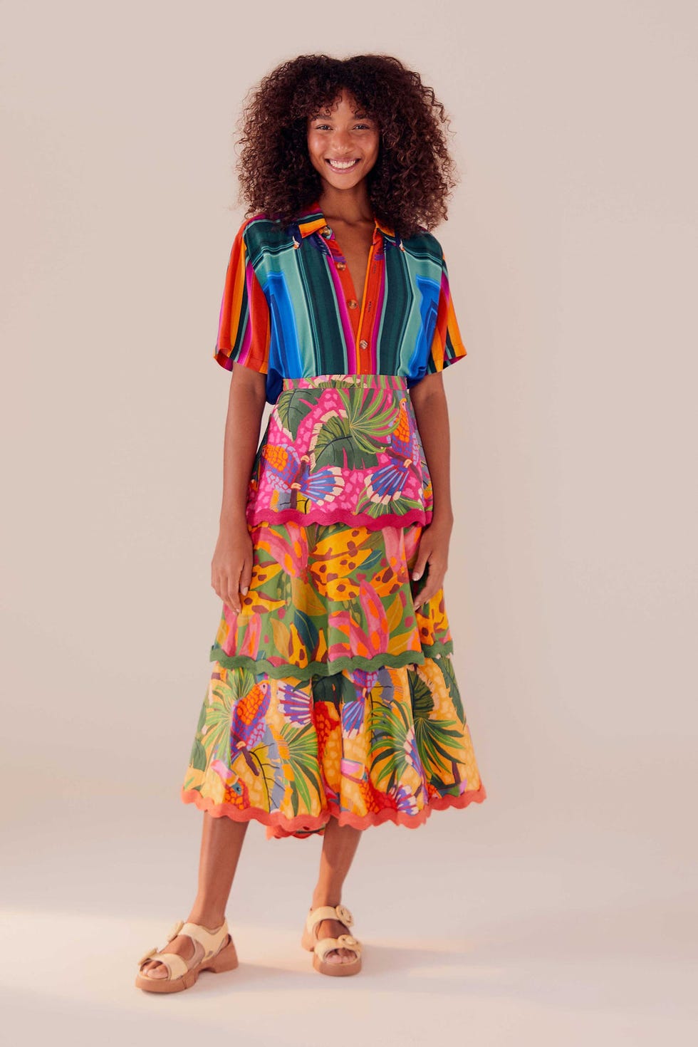 Mixed Prints Layered Midi Skirt