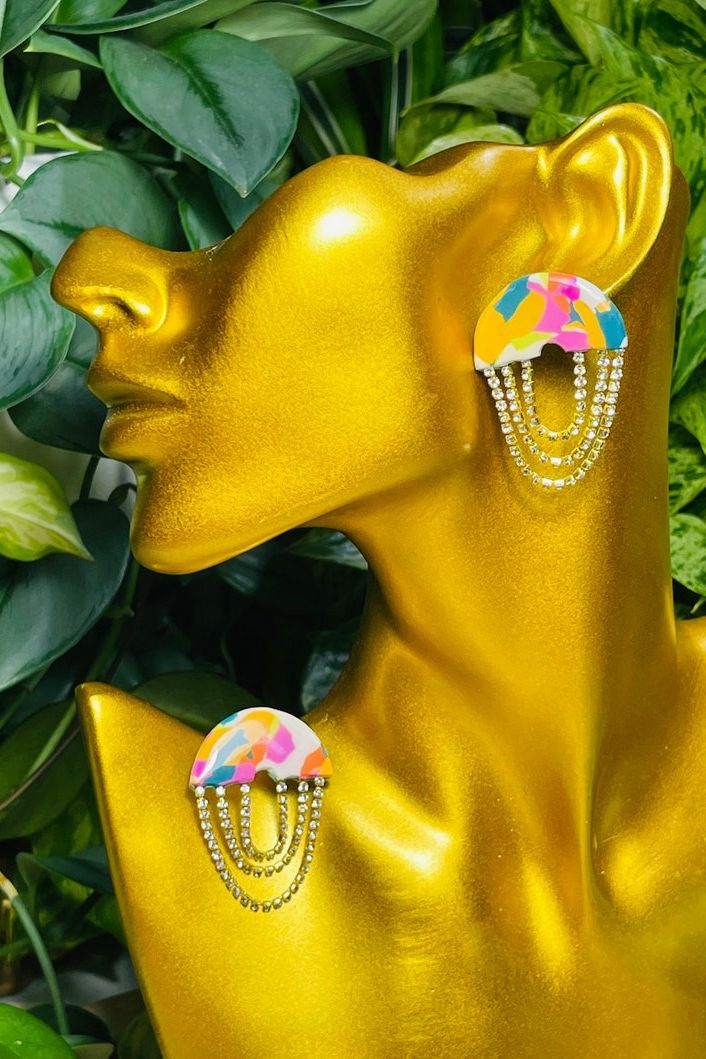 Mod Glam Rhinestone Link Semicircle Multicolor Resin Earrings