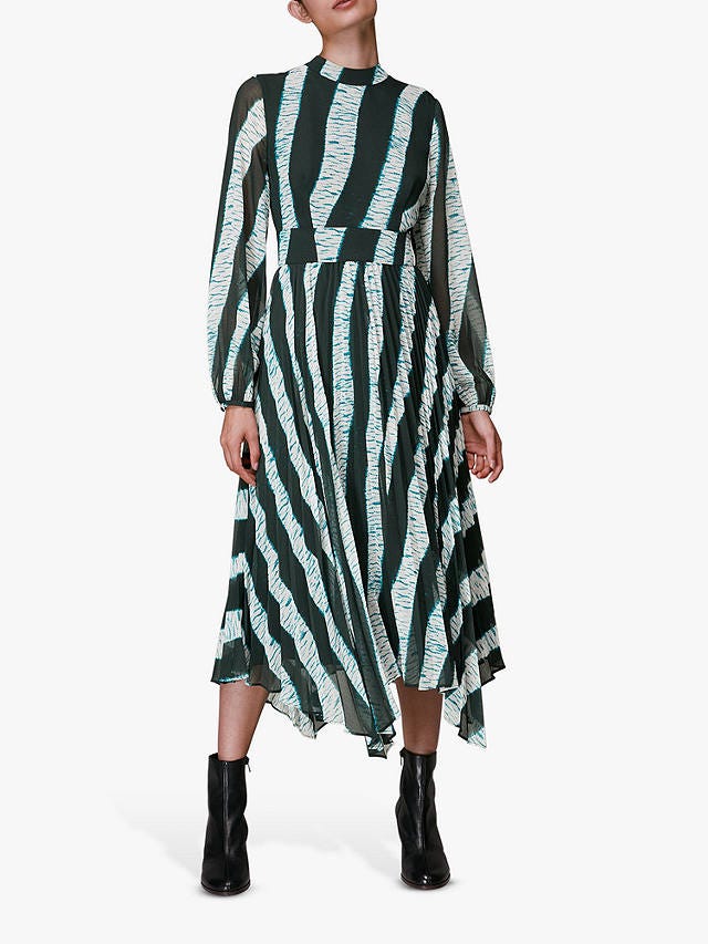 Whistles Shibori Abstract Stripe Midi Dress, Black/Blue