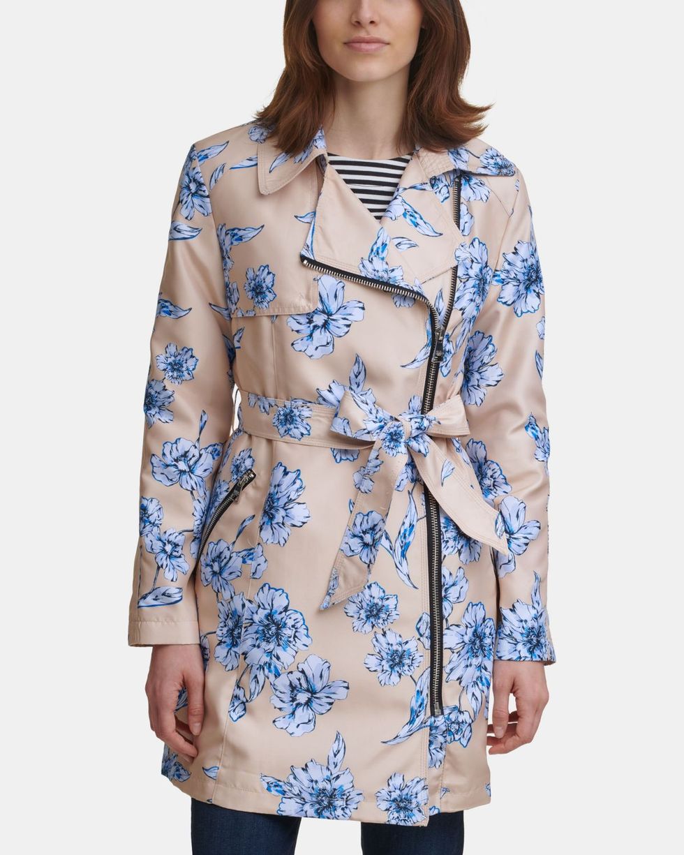 Floral-Print Moto Trench Coat