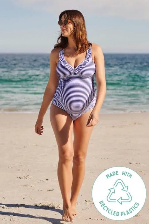 Blue & White Stripe Frill Maternity Swimsuit: Best maternity swimwear