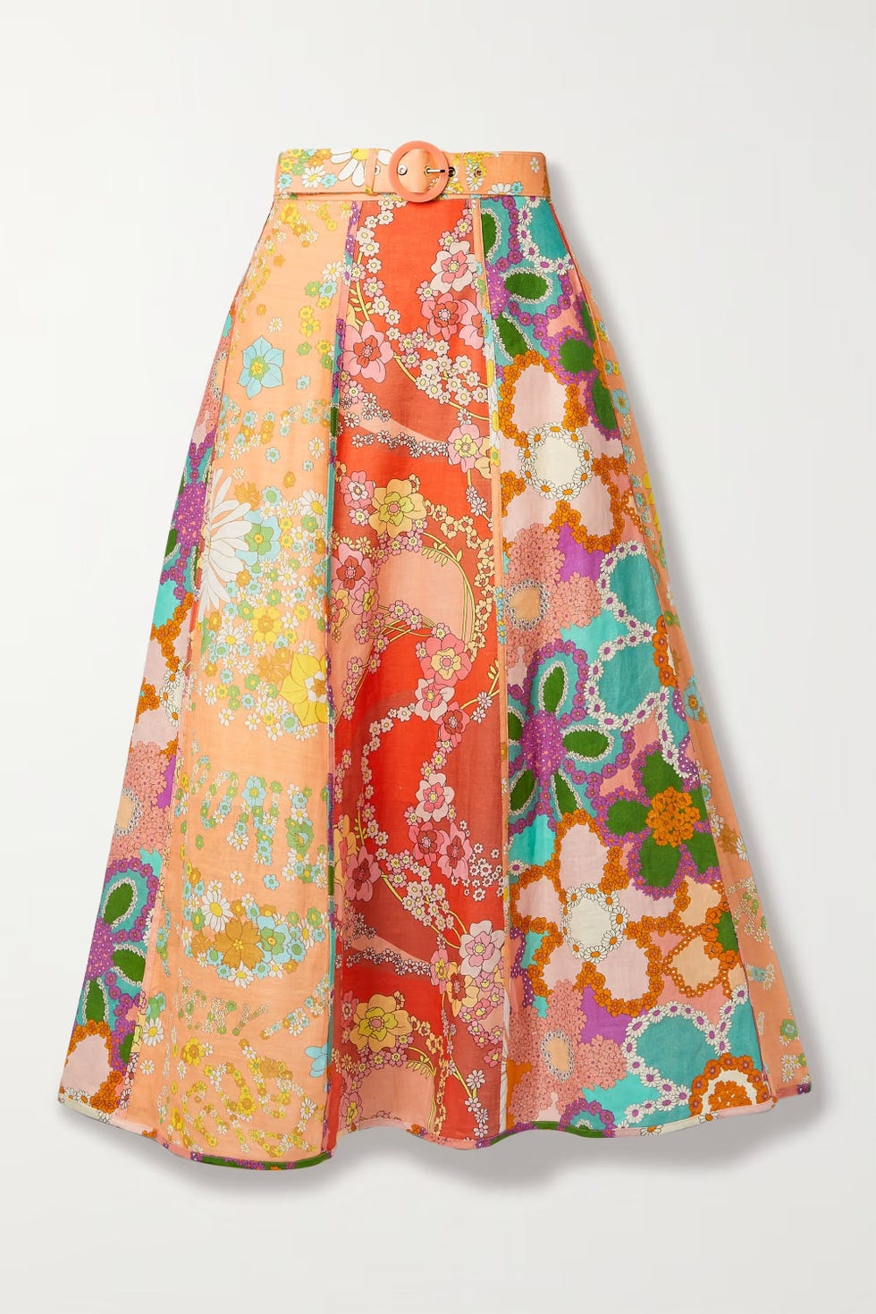 Floral-Print Linen Midi Skirt