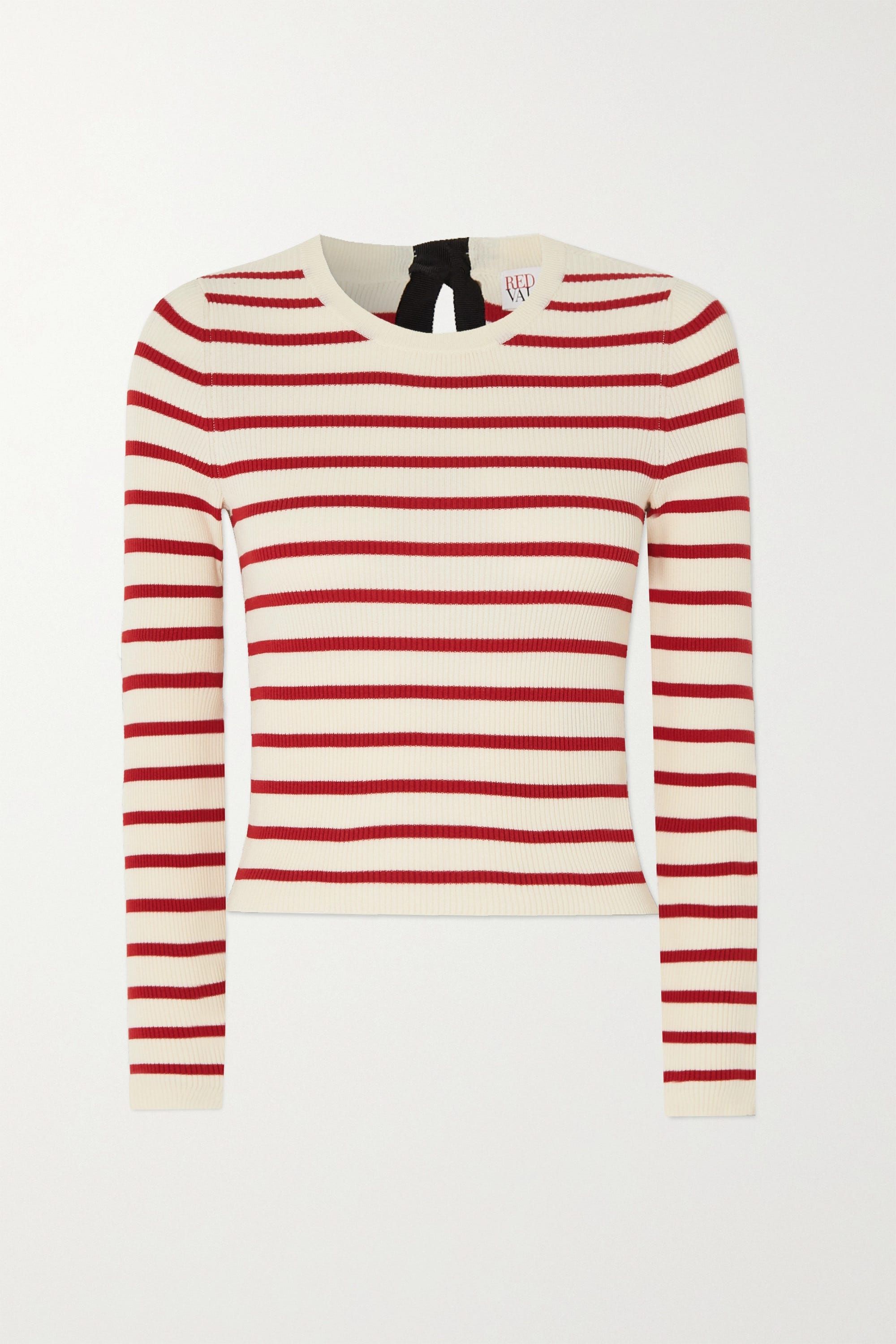 H and m red outlet and white striped top