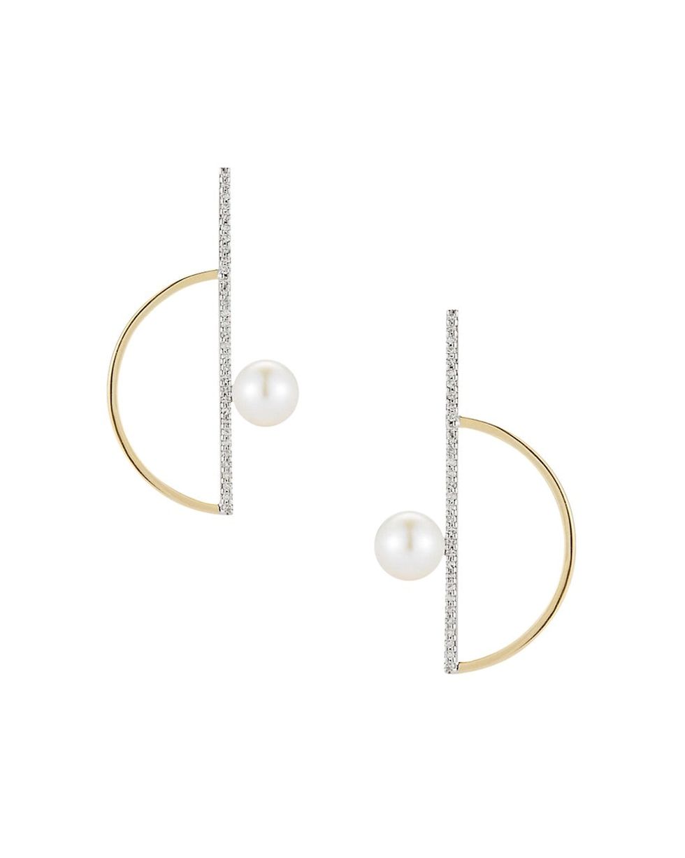 14K Yellow Gold, Diamond & Pearl Semicircle Earrings