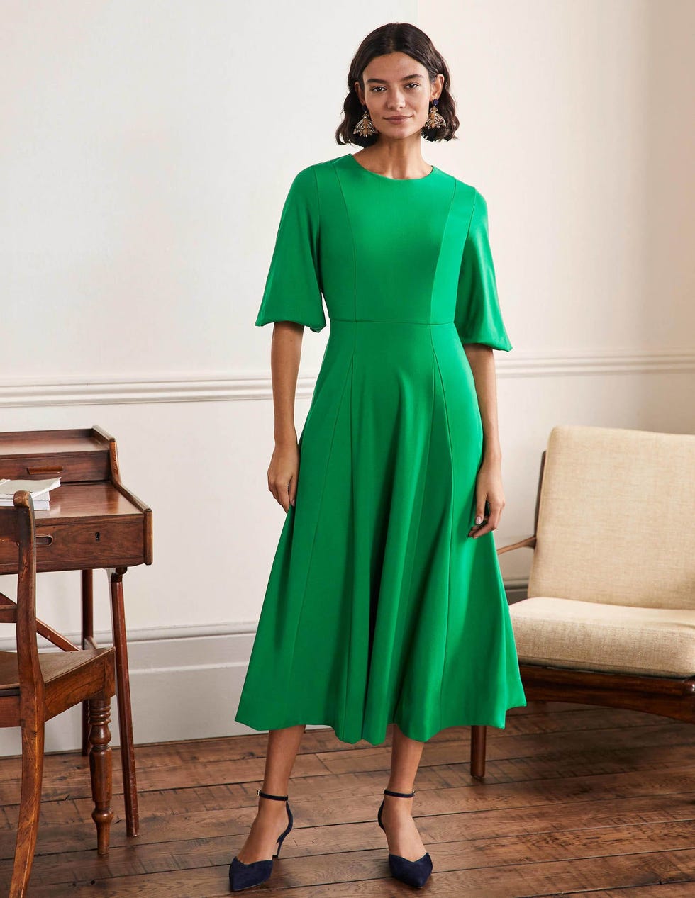 Full Skirt Jersey Midi Dress - Highland Green