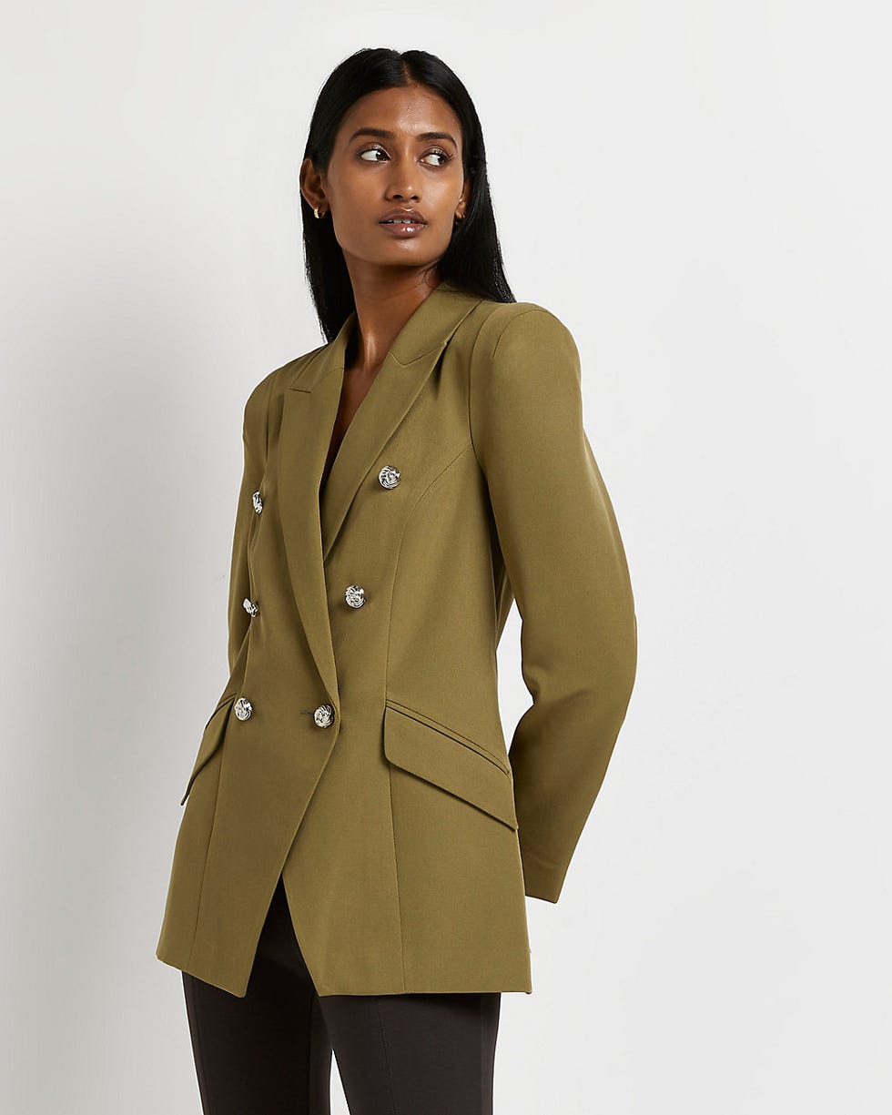 Khaki double breasted tuxedo blazer