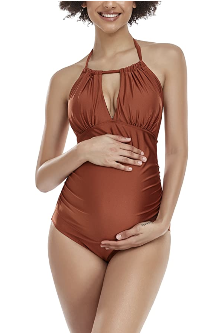 Tempotrek Maternity Swimsuits One Piece Printed Ruffle Deep V-Neck Bathing Suits Lace-up Back Monokini 