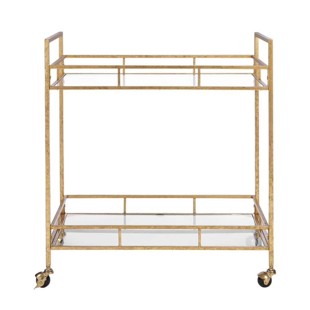 Gold Leaf Metal and Glass Rolling Bar Cart 
