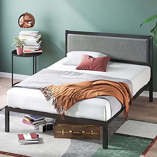 Metal Platform Bed Frame with Upholstered Headboard