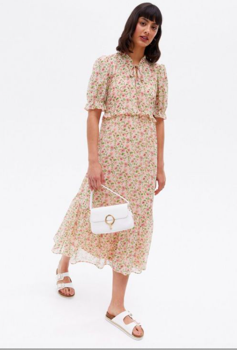 Off White Ditsy Floral Chiffon Frill Midi Dress