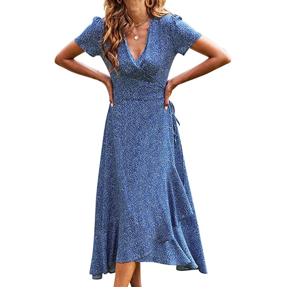 Blue Denim Dresses for Women Summer Sleeveless V Neck Tie Knot Shift Dress with Pockets Casual Loose Solid Color Mid-Calf Tank Dress Beach Jean Sundress Vintage Midi Strappy Dresses 