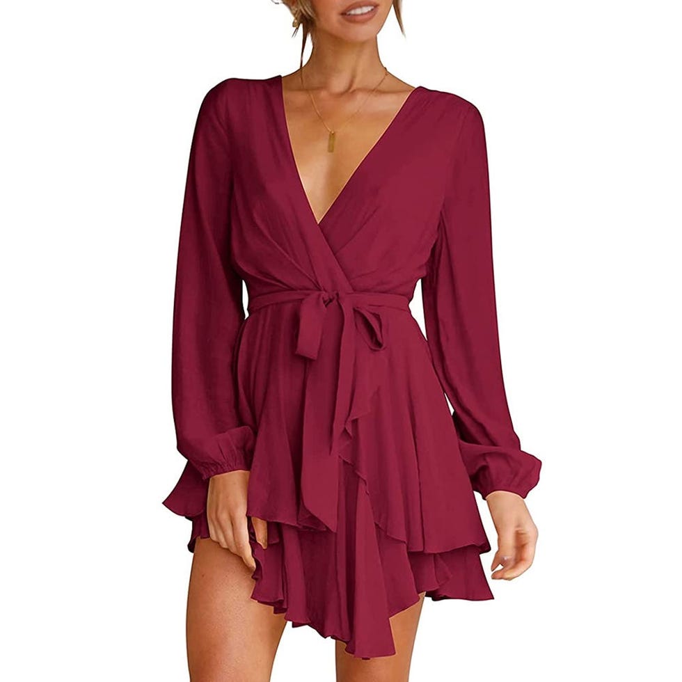 Mini Dress Deep V-Neck Tie Waist Double Layer Short Dress