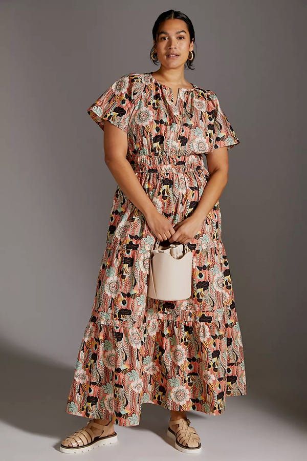 Ladies V Neck Side Split Long Dress Belted Short Sleeve Floral Maxi Dress 