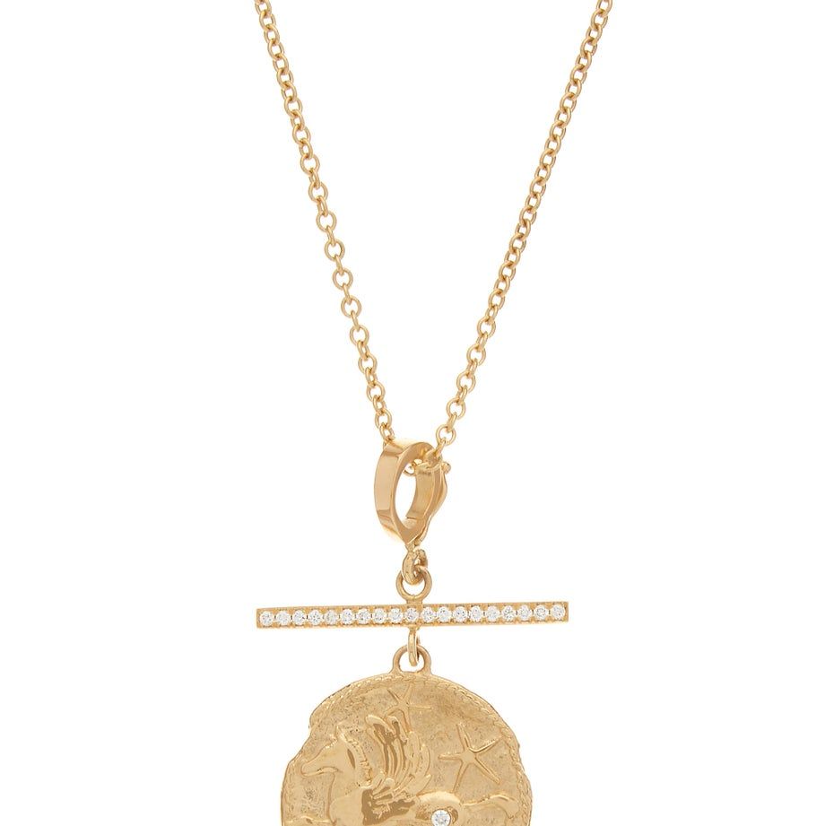 Pegasus Bar Diamond & 18kt Gold Coin Necklace