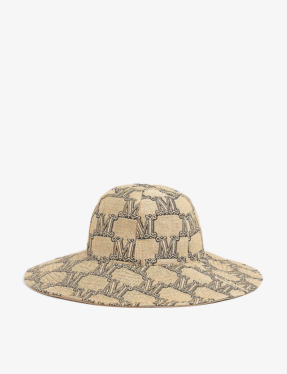 Monogram-print wide-brim woven sun hat