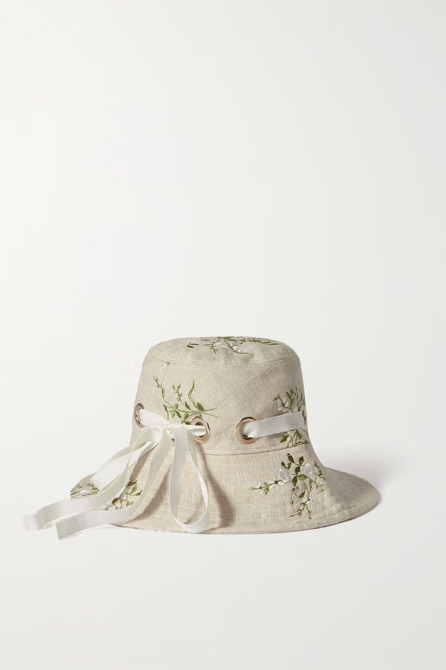 Grosgrain-trimmed embroidered linen-blend canvas bucket hat