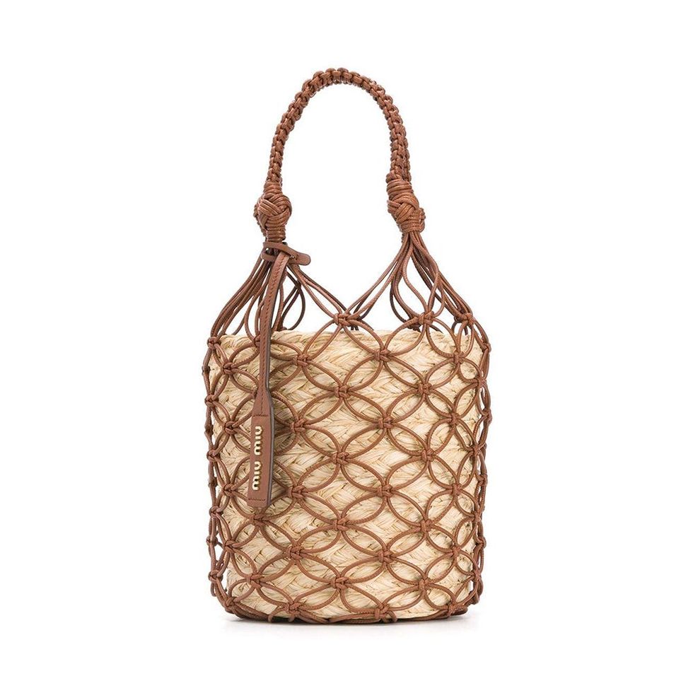 Leather Mesh and Straw Bucket Bag