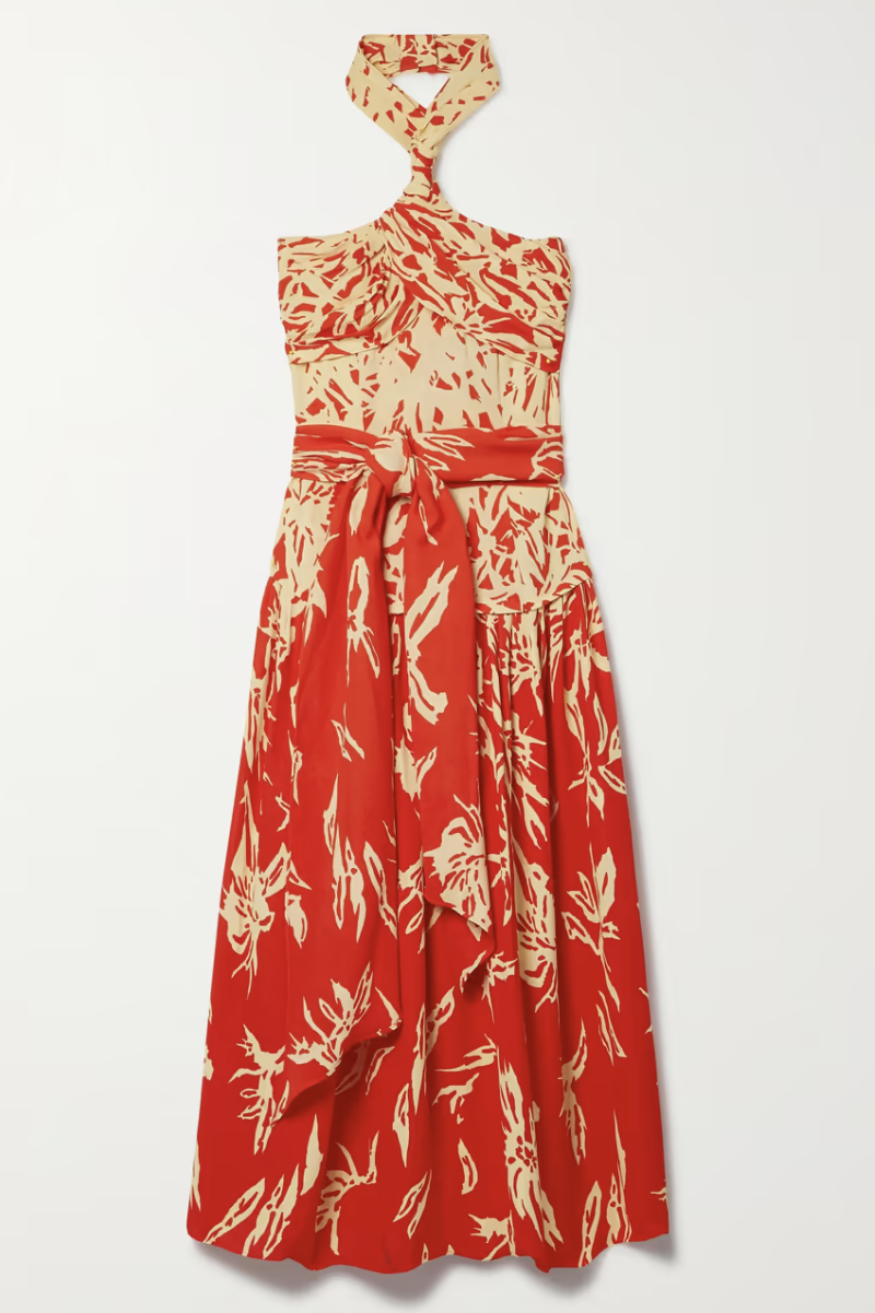 Belted Draped Floral-Print Crepe Halterneck Midi Dress
