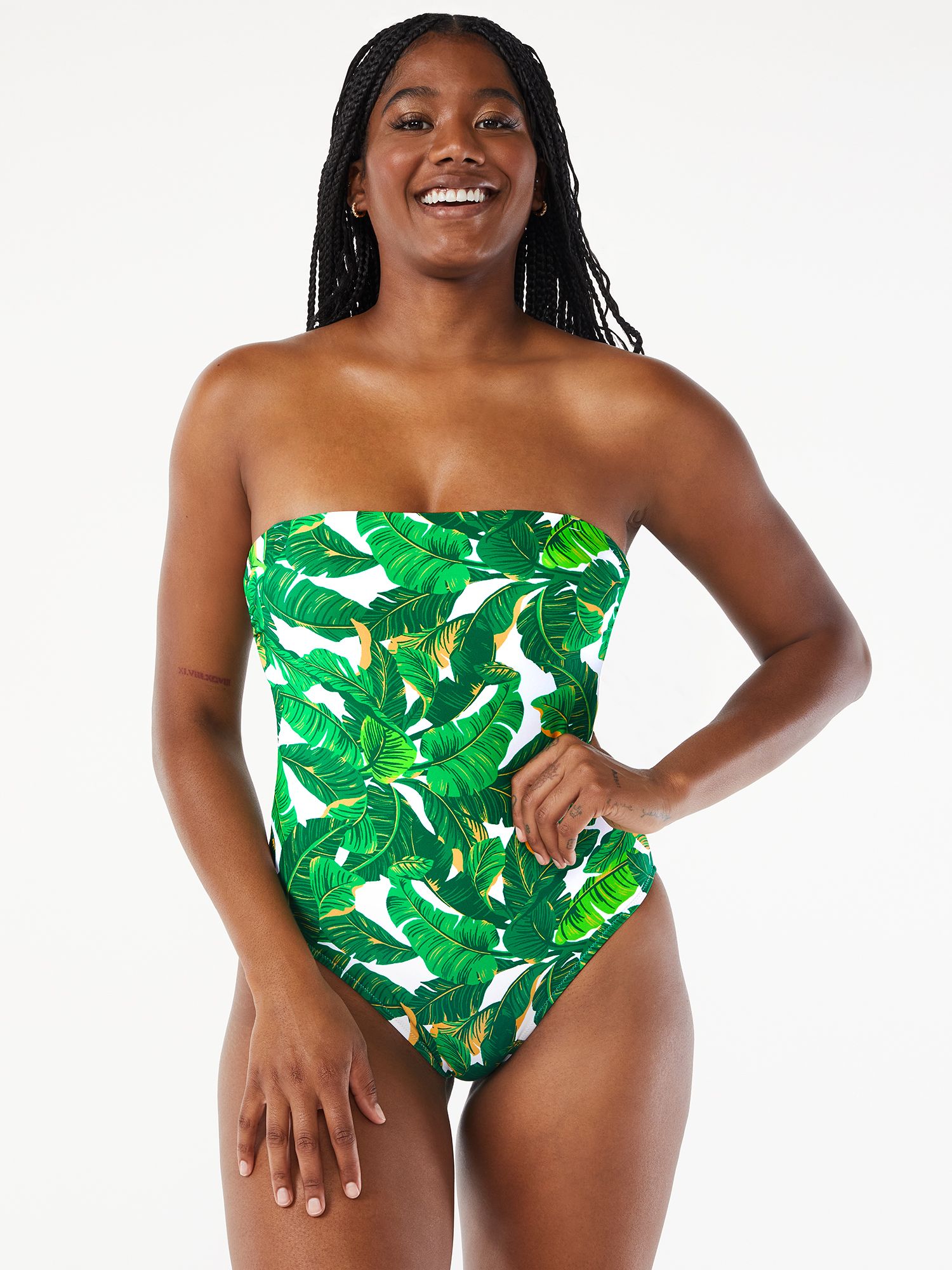 Womens Flowers Bandeau One Piece Swimsuit Halter Push-Up Bathing Suit Swimwear Bikini with Detachable Straps 