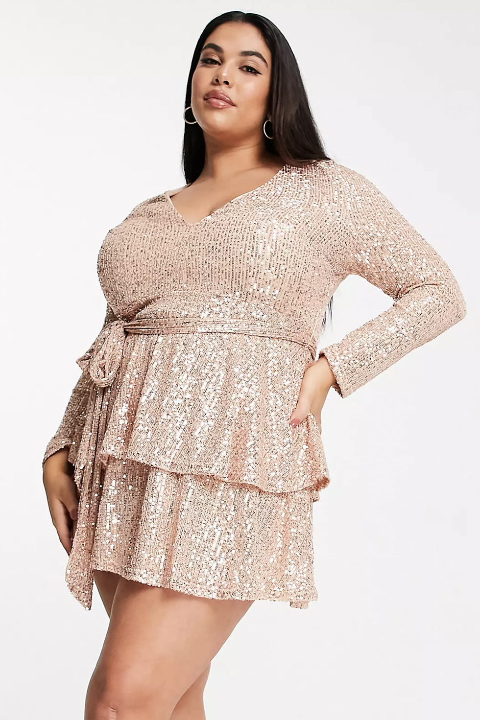 Sequin plunge front tiered detail mini dress in rose gold