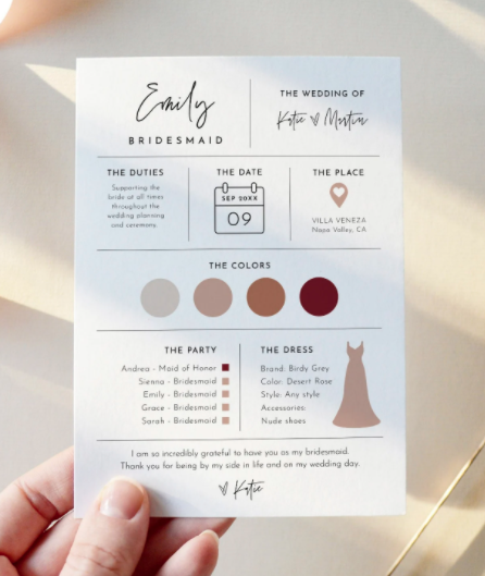 Bridesmaid Info Card