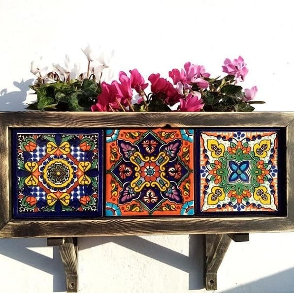 Wooden Planter with Mexican Talavera Tiles