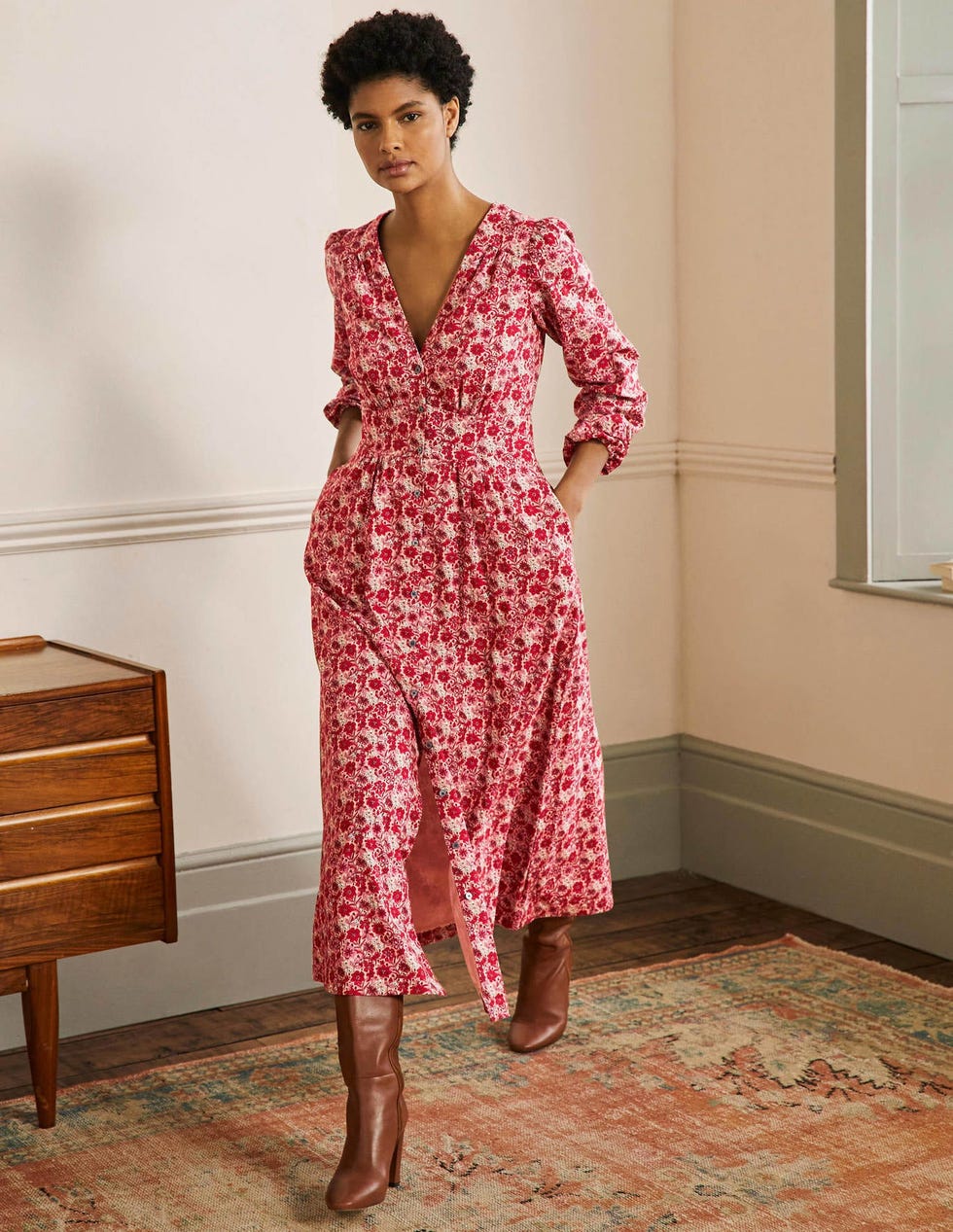 Button Through Maxi Tea Dress - Red, Floret Bloom