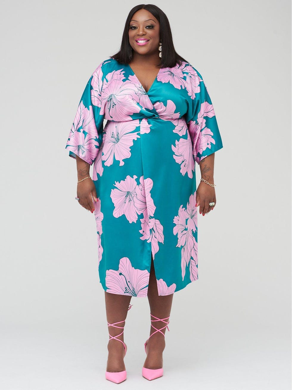 Angel Sleeve Printed Midi Dress – Green/Pink