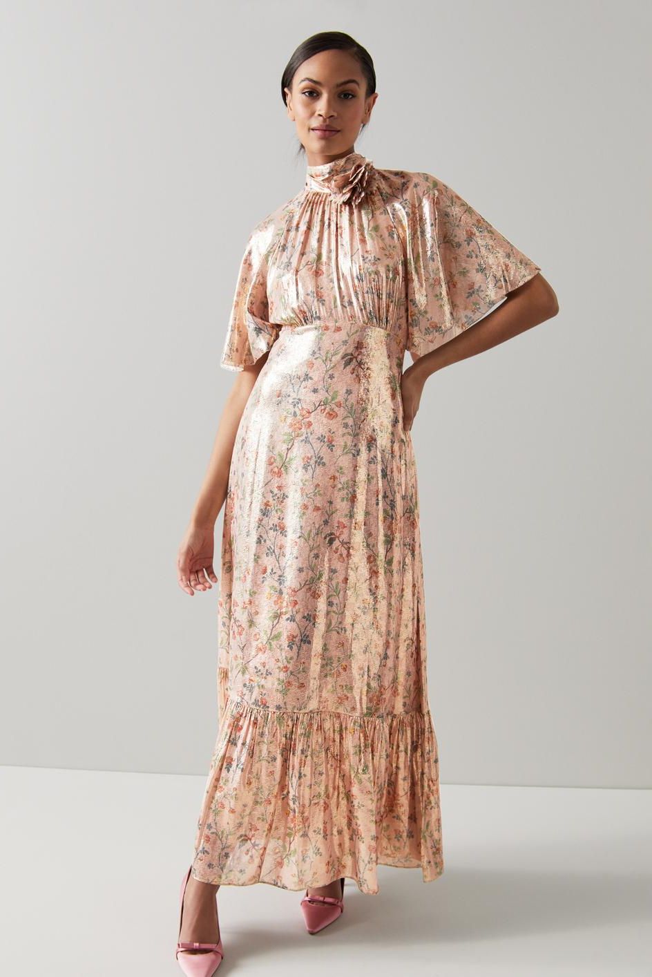 Margot Pink Silk Lurex Apple Blossom Print Maxi Dress