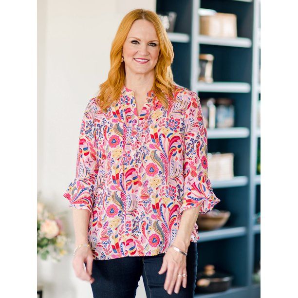 The Pioneer Woman 3/4-Sleeve Floral Blouse with Ruffled Sleeves