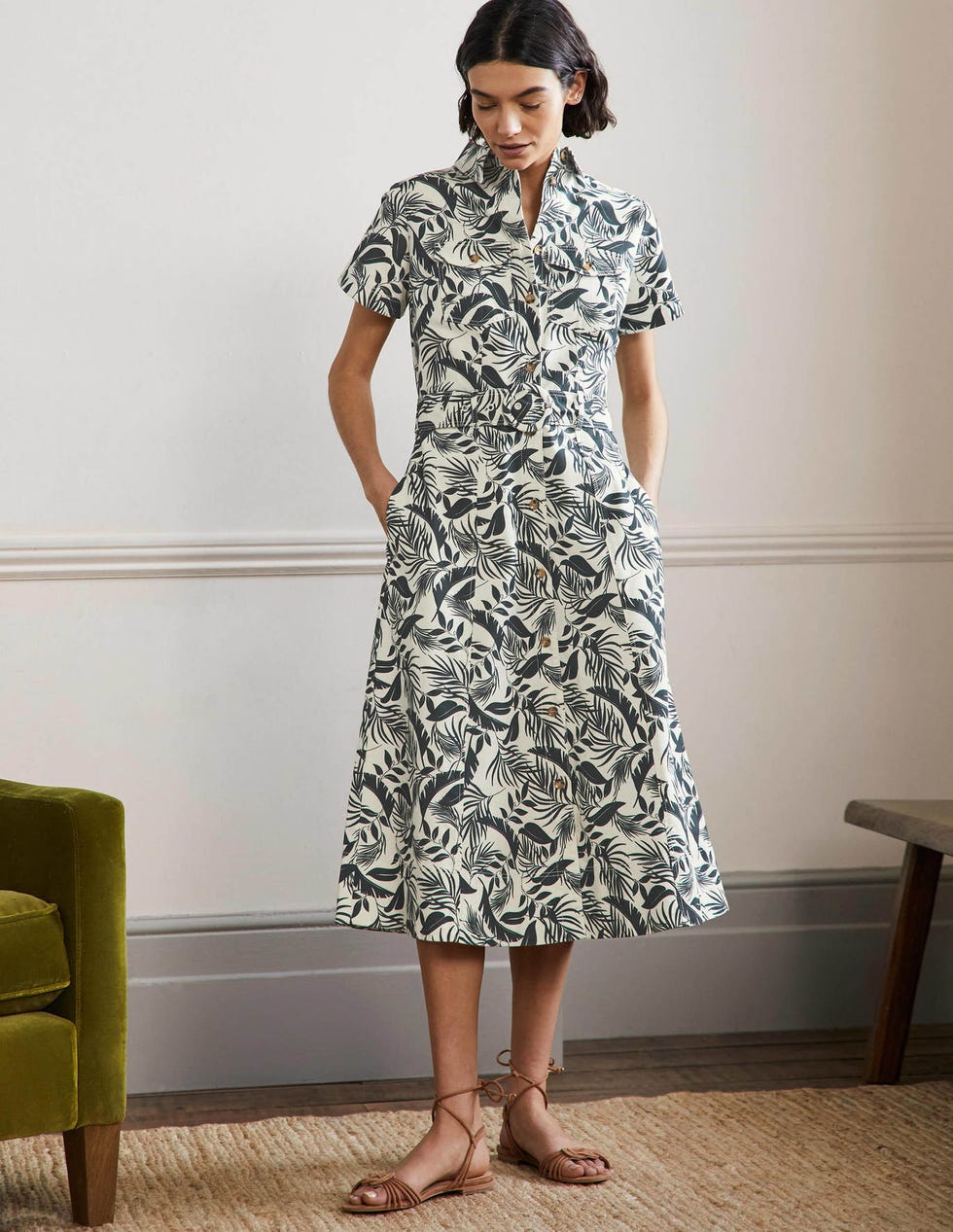 Belted Midi Shirt Dress - Garden, Tropic Foliage