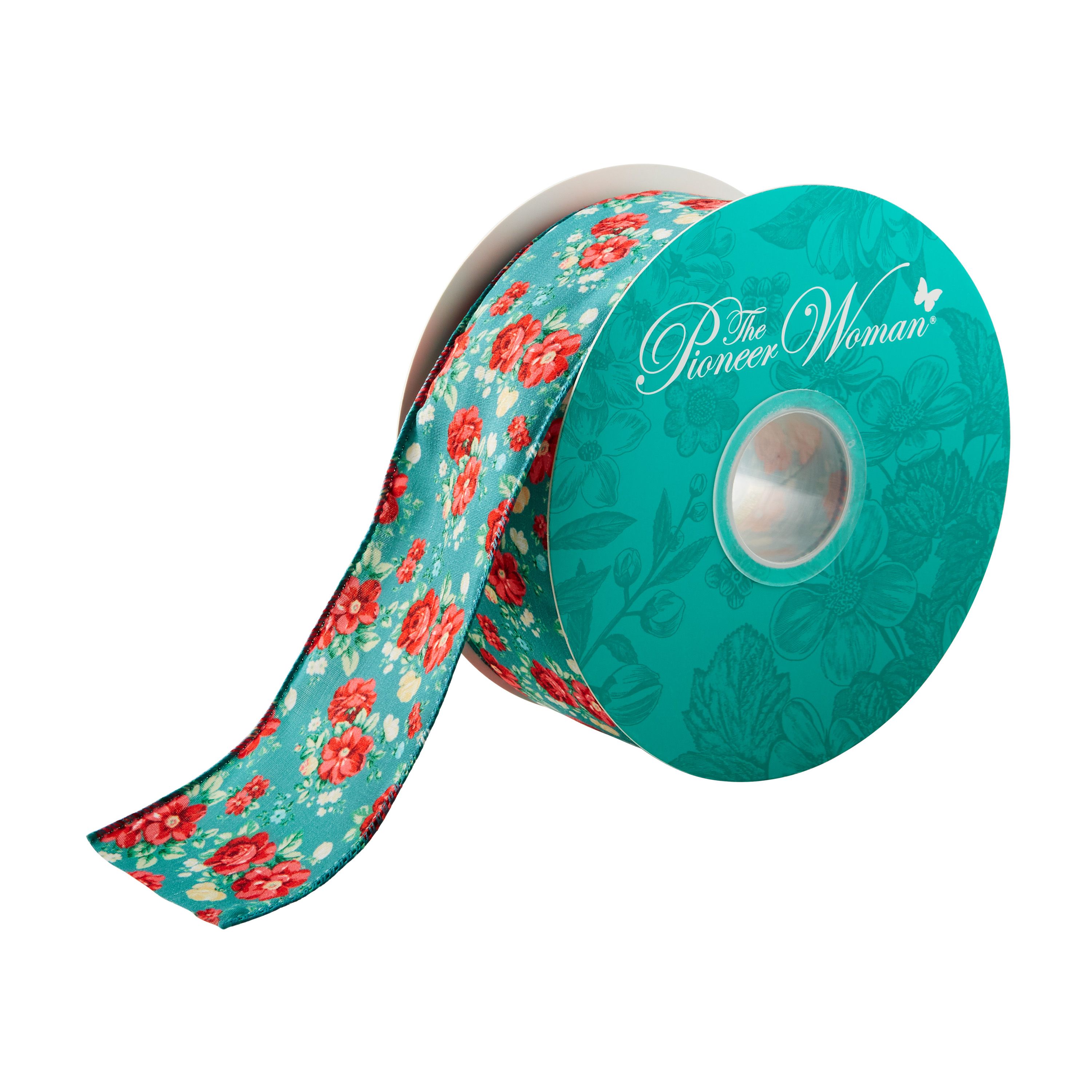 The Pioneer Woman Vintage Floral Teal Polyester Merrow Wire Edge Ribbon