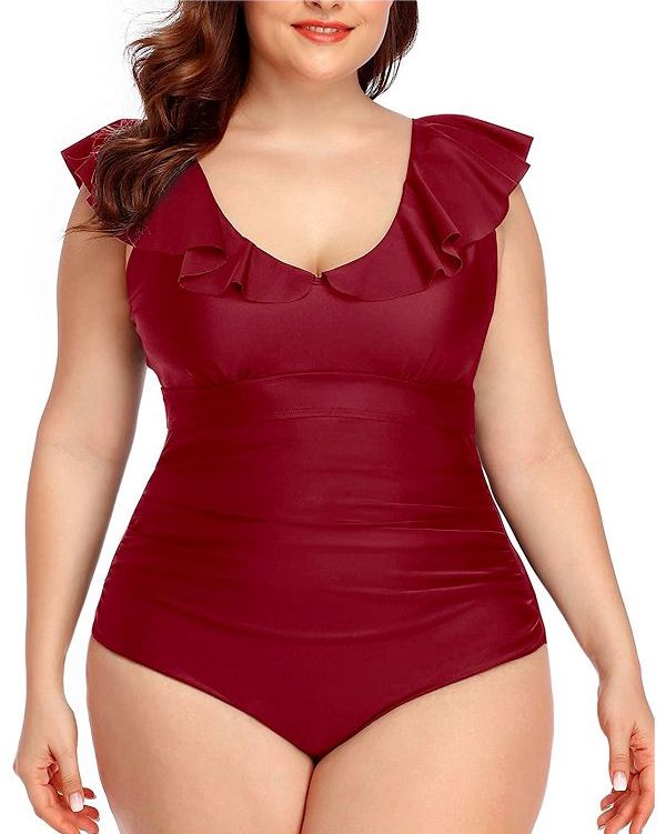 Plus-Size One-Piece Swimsuit with Ruffled V-Neck