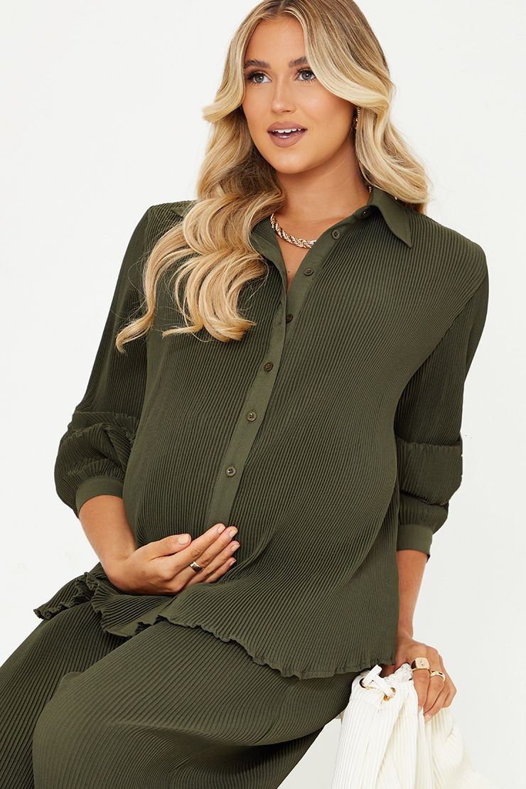 Pretty Little Thing Maternity Olive Plisse Shirt