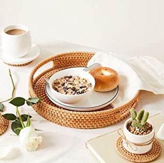 Round Rattan Wicker Tray with Coasters