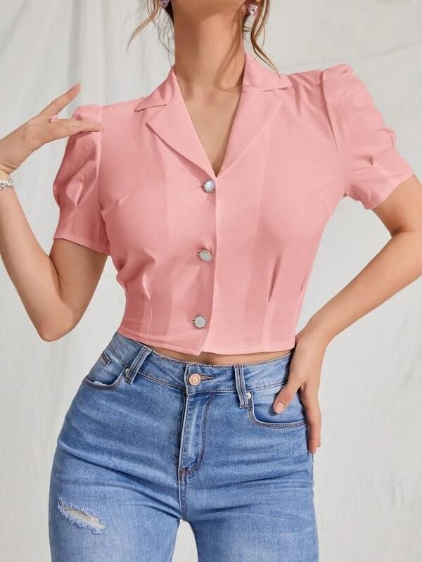 Lapel Collar Puff Sleeve Button Up Blouse