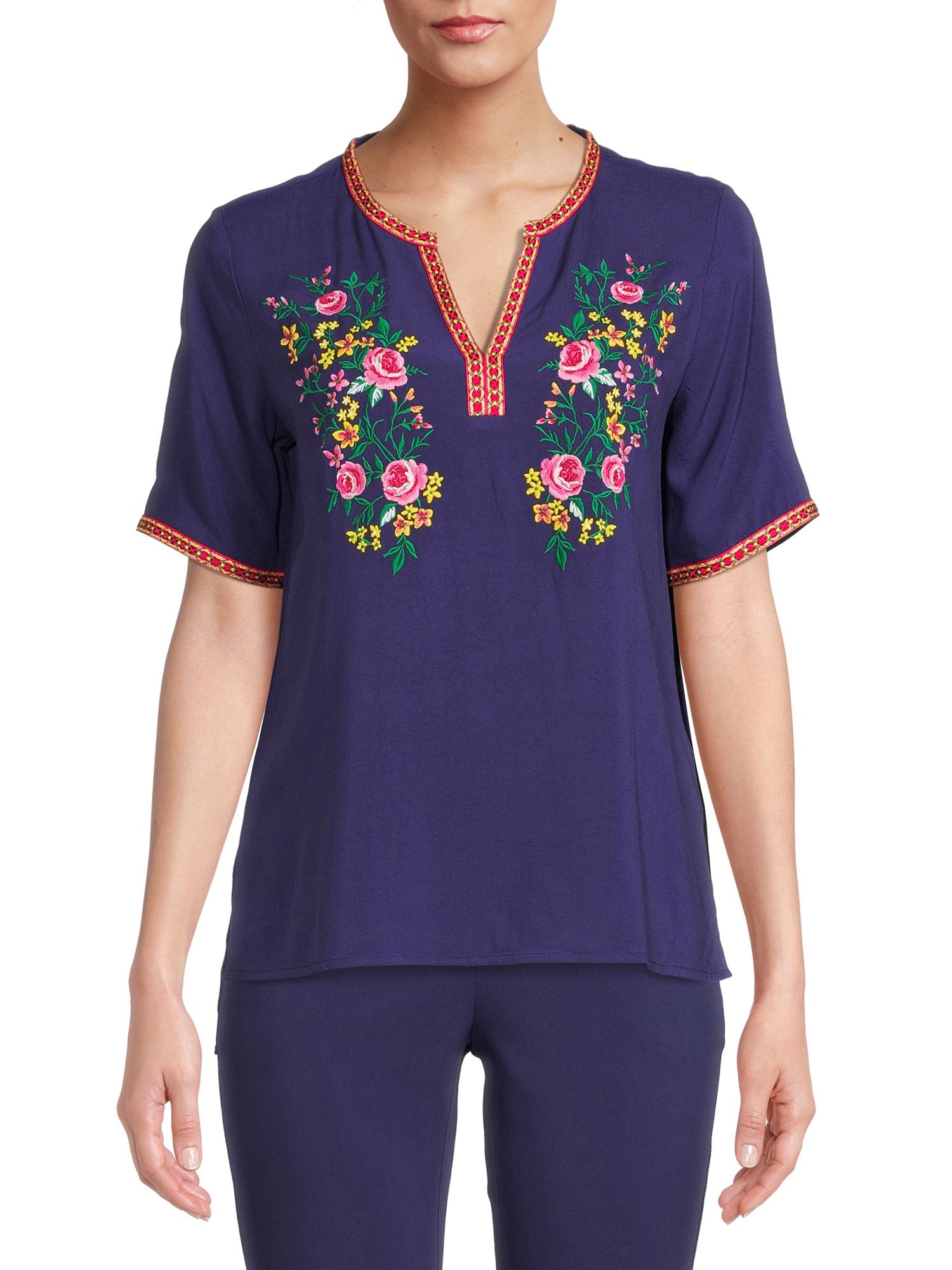 The Pioneer Woman Notch Neck Embroidered Top with Short Sleeves