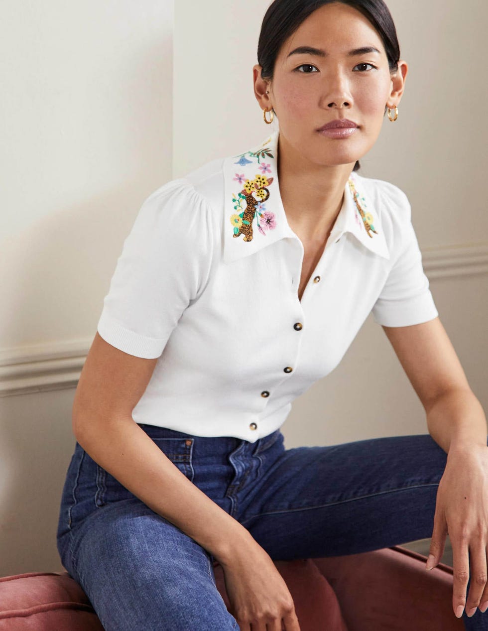 Embroidered Collar Cardigan - Ivory