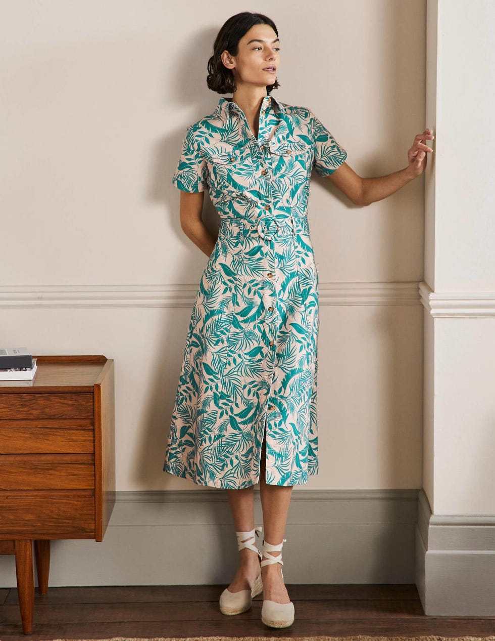 Belted Midi Shirt Dress - Milkshake, Tropic Foliage