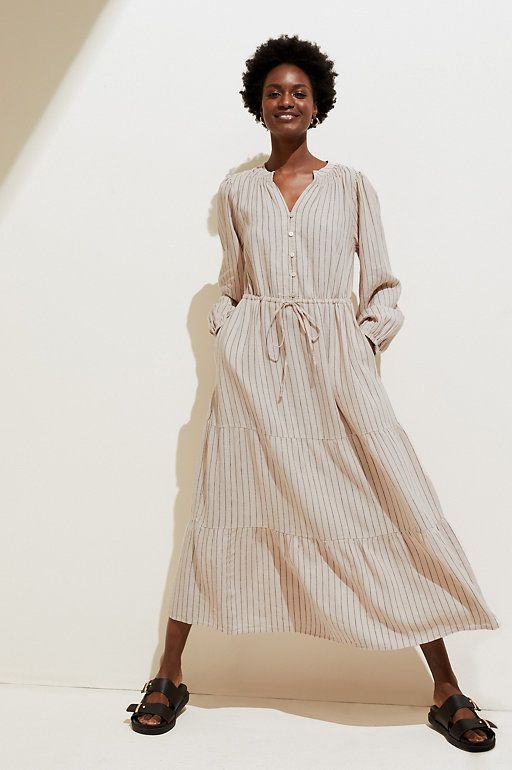 Linen Blend Striped Maxi Tiered Dress