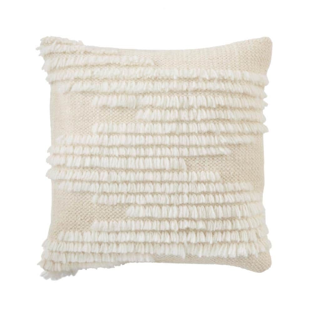 Cream Fringe Textured Square Decorative Throw Pillow